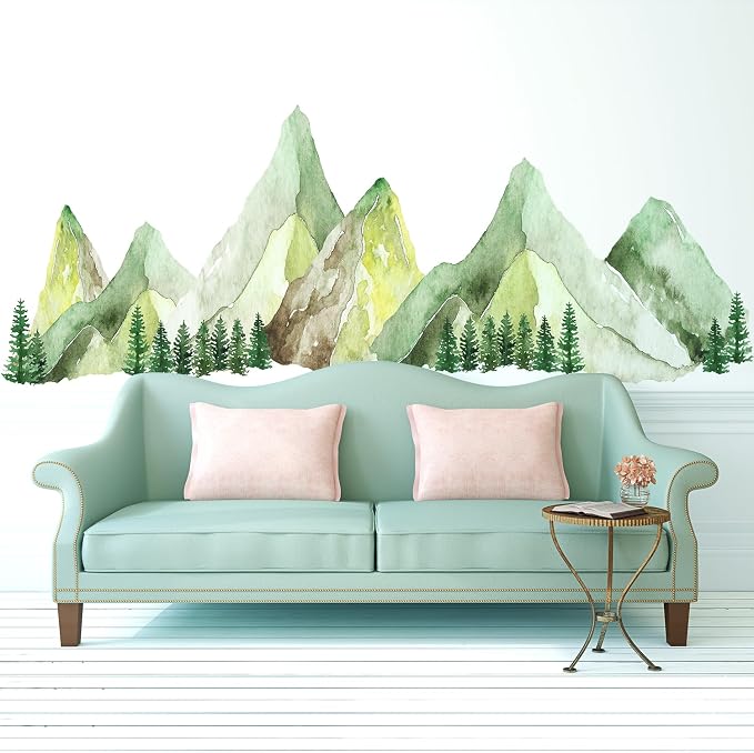 Large Mountain Wall Decals, Green Pine Tree Peel and Stick Vinyl Wall Stickers & Murals, Removable Home Room Wall Decor for Bedroom Living Room Bedroom Classroom Office Nursery by Kingarch