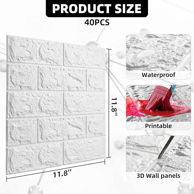 3D Wall Panels Peel and Stick Faux Foam Brick Wallpaper Covering | White 40 PCS 11.8"×11.8" Self Adhesive Stone Wall Tiles for DIY Interior Wall Decor - Image 2