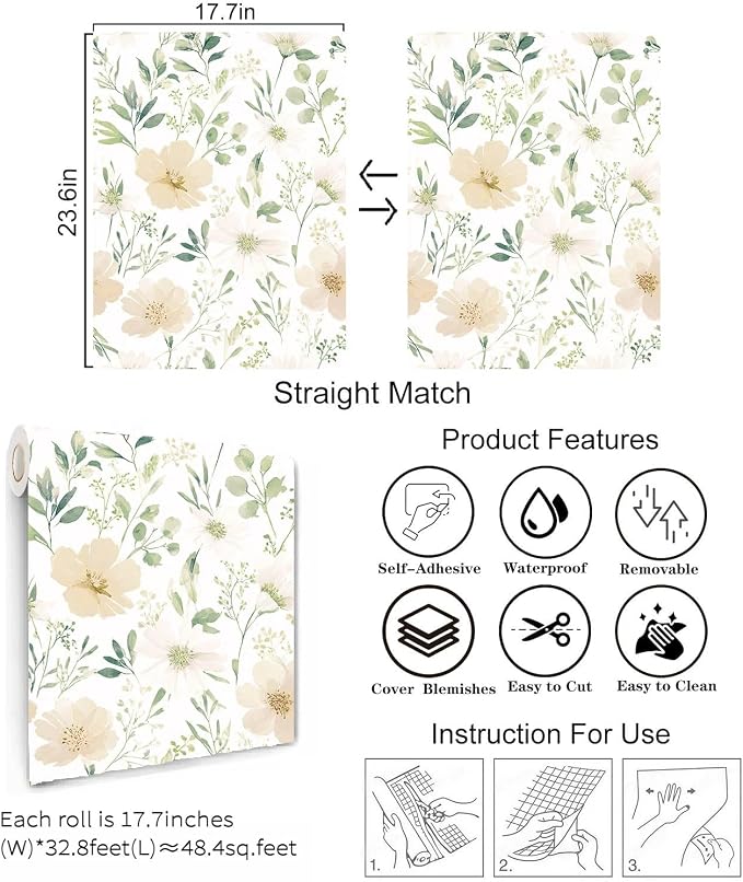 Floral Peel and Stick Wallpaper 17.7in x 393.7in | Watercolor flower removable self adhesive design for cottagecore bedroom accent walls - Image 4