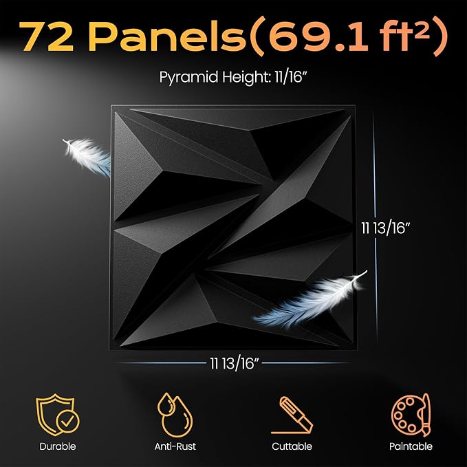 Sonicism Wall Panels 72Pack,0.7"x11.8"x11.8"3D Wall Panels Creative Cutting | Pyramid PVC Wall Panels for Interior Wall Decor,Fire Resistant Wall Tiles for Bedroom,Living Room,Gaming Room(Charcoal Black) - Image 4