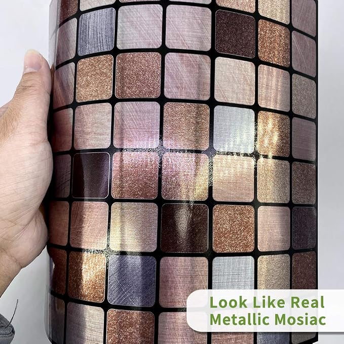 Alwayspon 25 Pcs Brushed Silver Self-Adhesive Peel and Stick Tile Decal, Water-Proof Backsplash Wall Tile Sticker for Kitchen Bathroom Decor, Copper Metallic Mosaic, 8x8inch - Image 4