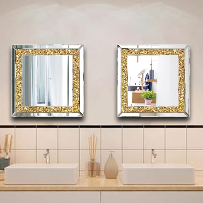 2 Piece Wall Mirrors, Crush Diamond Wall Decor, Gold Color Decorative Mirrors for Living Room, Bedroom, Bathroom. (12'x12') - Image 4