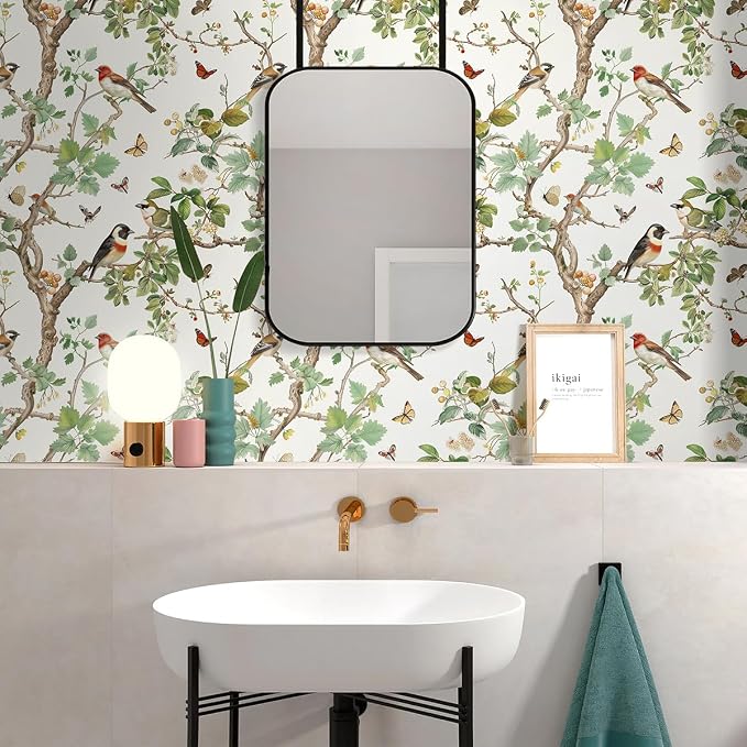 Nukofal Vintage Peel and Stick Wallpaper Bird Contact Paper 16.9inx196.8in | Floral Peel and Stick Wallpaper Floral Bird Wallpaper Boho Self Adhesive Removable Wall Paper for Bathroom Wall Decorative - Image 2