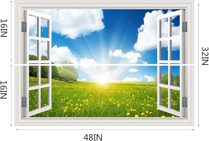 Fake Window Wall Mural Sticker -Summer Sunrise Green Grassland Flower Decal | Faux Window Natural Scenery Landscape Decorations｜Stick and Peel Wall Decals｜Room Bedroom Office Decor｜48"x32"Set of 2 Sheets - Image 4