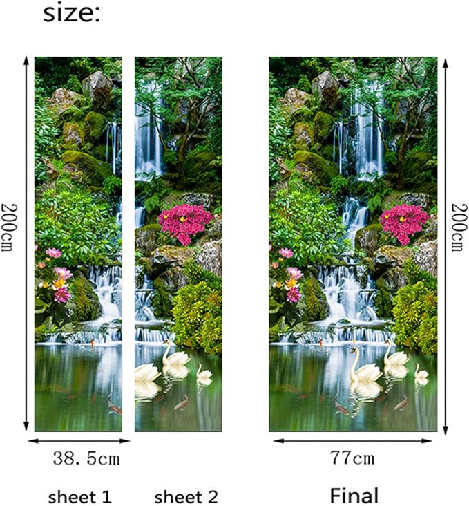 artfanke 3D Peel and Stick Door Sticker 30.3"x78.7"- Self-Adhesive Door Wallpaper Murals Decal-Waterfall Swan Wall Poster for Home Decor (2 Sheets/Set) - Image 5