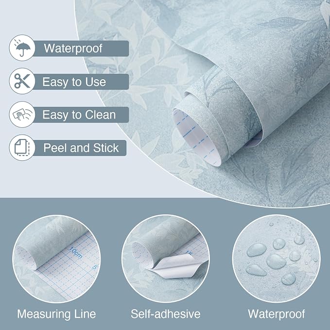 Safiyya Blue Peel and Stick Wallpaper Vintage Botanical Contact Paper Renter Friendly Floral Wallpaper 197''x17.3''Removable Wall Paper Self-Adhesive for Bathroom Waterproof Vinyl Rolls - Image 6