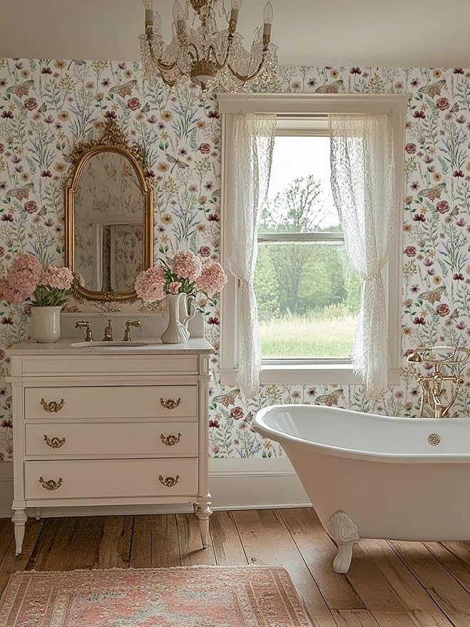 Orainege Peel and Stick Wallpaper Vintage Floral Wallpaper Self Adhesive | 16.9in x 393.7in Butterfly Wallpapers for Bedroom Bathroom Cabinets Decor Removable Vinyl Roll - Image 6