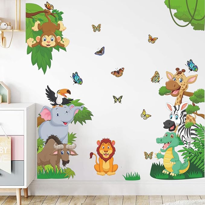 Supzone Jungle Animals Wall Stickers Forest Animals Wall Decal Elephant Monkey Giraffe Lion Wall Decor DIY Vinyl Mural Art for Kids Baby Nursery Bedroom Living Room Playroom - Image 5