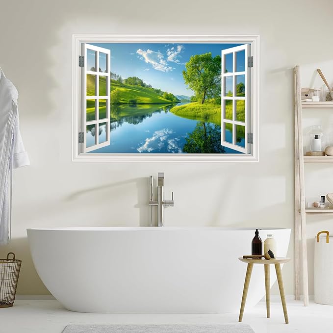Fake Window Wall Decal- Lake Green Tree Grassland Open Wall Art Sticker | Faux Window Grassy Hills Natural Scenery Landscape Mural｜ Stick and Peel Wall Decals｜for Room Bedroom Office Decor｜24"x16" - Image 8
