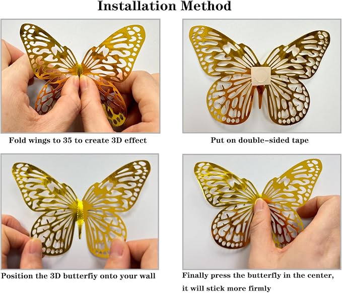 Meikeer 3D Butterfly Wall Decor 48Pcs Gold Removable Stickers Party | Gold metallic, 4 styles 3 sizes (8/10/12cm), self-adhesive, foldable 3D wings, wall, window, bedroom, wedding, party - Image 7