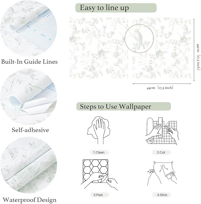 Dimoon 17.3''x197'' Green Peel and Stick Wallpaper Floral Modern Sage Light Green Contact Paper White Bird Wallpaper Removable Renter Friendly Waterproof Embossed Kitchen Bedroom Bathroom Vinyl Roll - Image 9