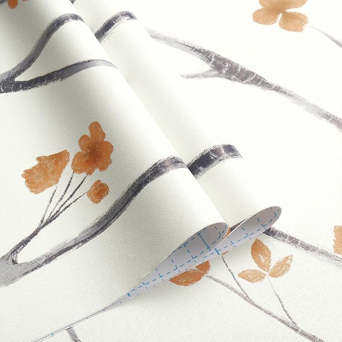 Timeet Boho Peel and Stick Wallpaper Floral Wall Paper Tree Contact Paper White and Orange Clearance Removable Self Adhesive Thicken Eco-Friendly Deacoral Bedroom Bathroom 16.14"x78.7" - Image 7