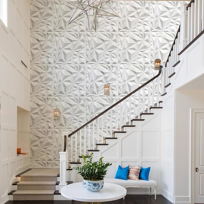 STICKGOO Diamond 3D Wall Panels, White Marble, 19.7"x19.7" | Accent PVC Wall Panels for Interior Wall Decor, Living Room, Lobby, Bedroom, 12 Pack Cover 32.4 Sq.Ft - Image 5
