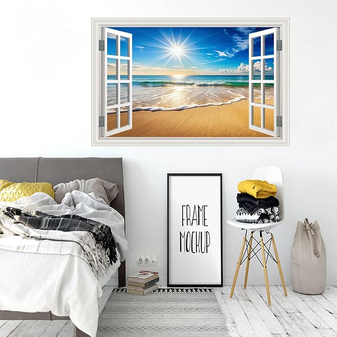 Large Murals 66"x48" Fake Window Wall Mural Sticker Beach Ocean Sea Faux Window Wall Cling Art Picture Office Poster Coastal Decals Decor, Stick and Peel Landscape Natural Scenery Scene - Image 7