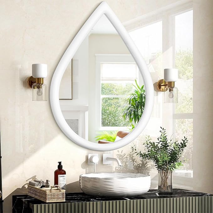 White Vintage Mirror Teardrop Wall Hanging Mirror Wood Frame 26 X 18 Inch Wall Mirrors Decorative for Entryway Living Room Bathroom Hallway Home Decor - Image 2