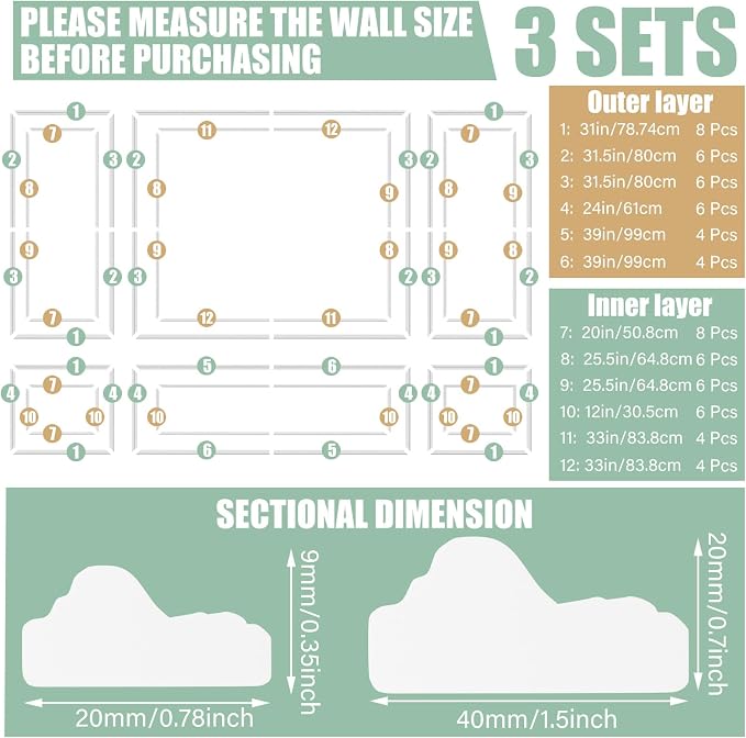 Pangda 3 Set Peel and Stick Wall Molding Kit Panel, 31x63in+78x63in | Premade, Wainscoting Accent Panel, Wall Moulding Kit, 3D, for Interior and Outer Layer, Ready to Assemble, Accent Molding - Image 2