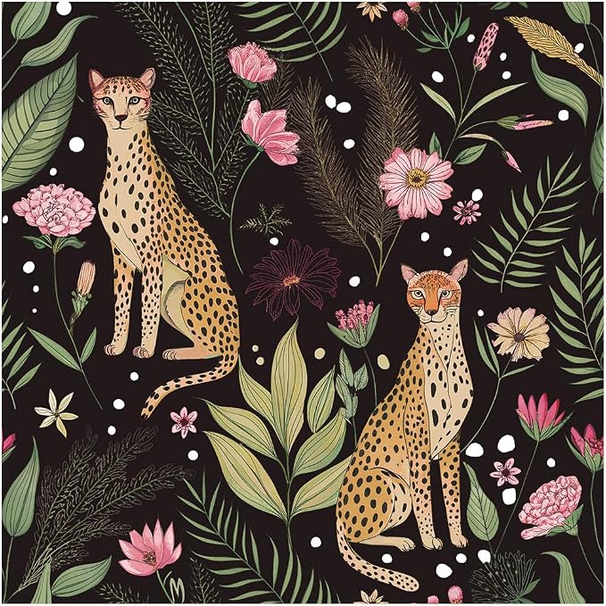 Floralplus Black Leopard Wallpaper Peel and Stick Wallpaper Removable Vintage Floral Wallpapers Dark Jungle Cheetah Renter Friendly Self Adhesive Contact Paper for Countertop 17.5 x 393 in by Floralplus