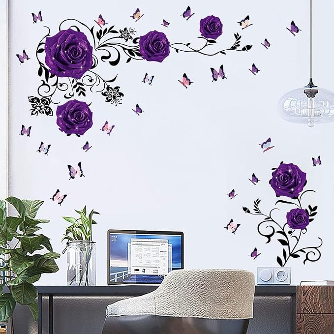 Supzone Purple Rose Wall Stickers Rose Flower Vine Wall Decal Purple Peony Floral Wall Decor DIY Vinyl Mural Art for Bedroom Living Room Sofa Backdrop - Image 4