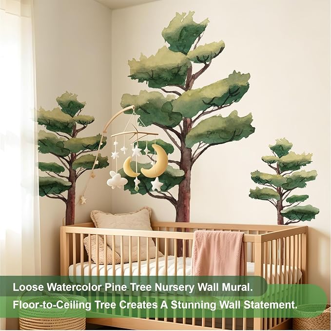 7.4 Ft x 5.9 Ft Pine Tree Wall Decals, Life Size for Nursery | Loose Watercolor Pine Forest Peel and Stick Mural, Self-Adhesive Calming Decor, Ideal for Playrooms and Kids' Bedrooms - Image 2