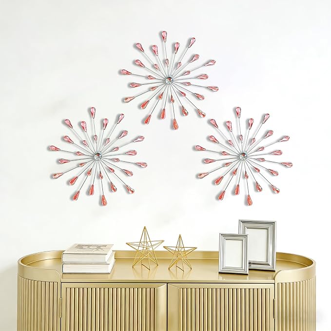 ZEXUIRU 3 Set Silver Starburst Wall Art for Home Decor Metal Bling Crystal Rhinestones Sunburst Wall Decor Sparkling Rhinestone Art Accent Silver - 13in - Image 6