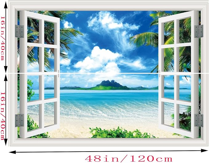 ‌Lmyhome Fake Window Wall Mural Blue Sky Ocean Beach (48"x32") | Peel and Stick Faux Window Wall Sticker Decal Poster for Bedroom Home Decor - Image 6