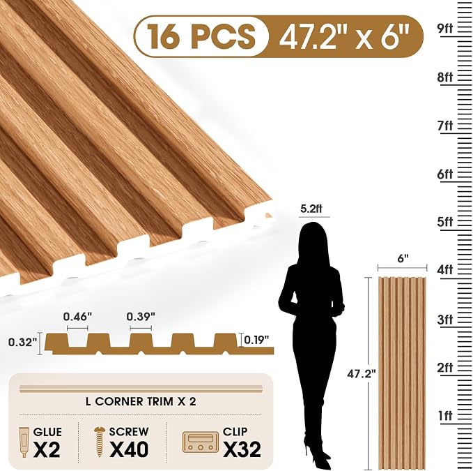 WPC Acoustic Slat Wall Panels 16-Pack 47.2'' x 6'' | Accent 3D Wall Panel for Interior Wall Decor, Waterproof Fluted Textured Panel Wall Slats,Solid Elm (Cover Approx.32 sq.ft) - Image 2