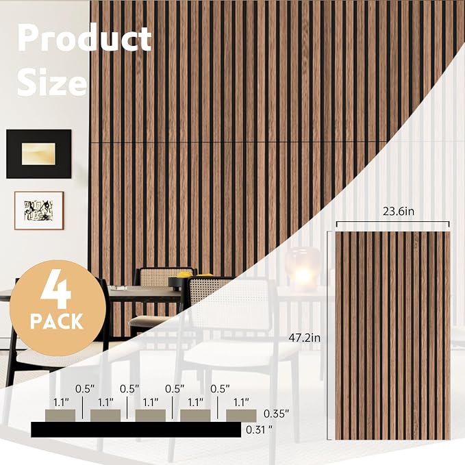 RITOLLO 4 Pack Wood Panels for Wall - 47.2"×23.6" Wood Slat Acoustic Panels for Wall, Soundproof Panels, 3D Fluted Panels for Interior Wall Decor (Walnut) - Image 2