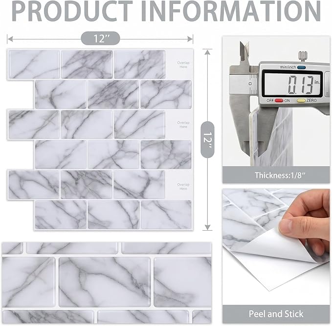 Arttown Peel and Stick 3D Wall Backsplash 10-Sheet, 12" × 12" Marble White | Subway Tile Self Adhesive Thicker Design Wall Tiles Panel Wallpaper for Kitchen Balcony Bathroom Rental Housing - Image 3