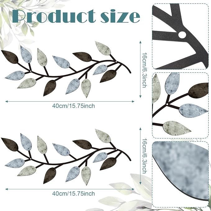Zhengmy 2 Pcs Metal Leaf Wall Art Vine Branch Decor,Pastel Colors | Olive Branch Metal Decor for Living Room Hallway, Symmetrical Leaf Pair for Doorway Entryway, Lightweight Hanging Art Design - Image 2