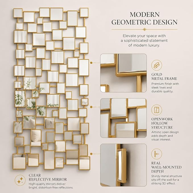 Large Modern Wall Mirror - 27.55"x55.1" Brushed Gold Wall Mirrors Metal Framed Decorative Mirror for Entryway Bedroom Living Room Home Decor - Image 3