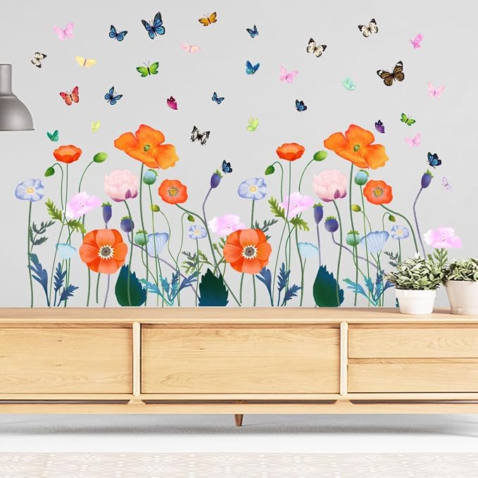 6 Pieces Flowers Wall Decals Vinyl Flowers Wall Stickers Removable Floral Murals Peel and Stick Colorful Flower Decor for Girls Bedroom Living Room Nursery (Orange) by Incholl
