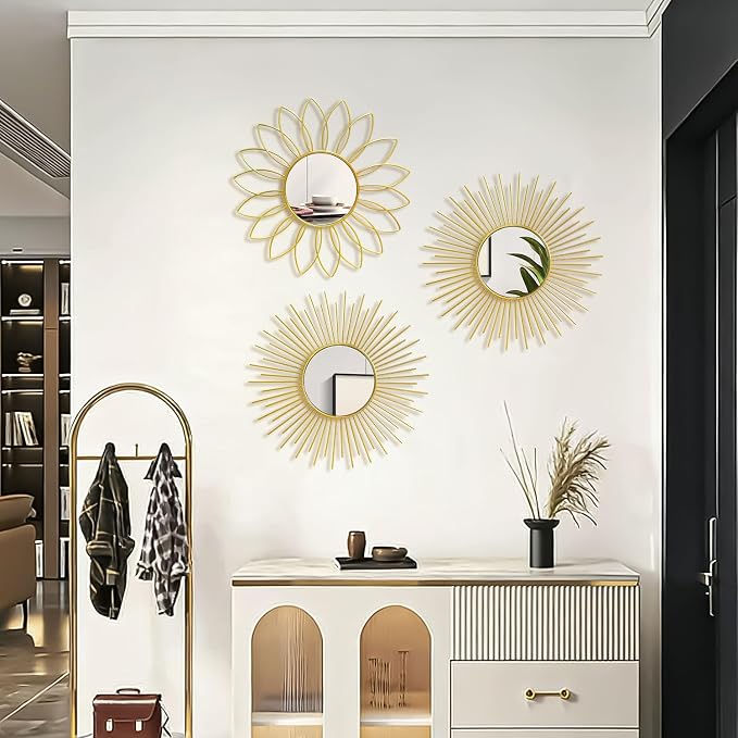 3 Pack Metal Mirrors for Wall Sunburst Wall Mirrors Home Décor Decorative Hanging Wall Art for Living Room Bedroom Entryway (Gold2, Flower+Sunburst) - Image 7