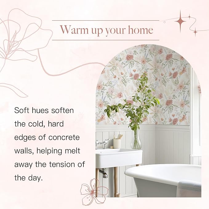 Dimoon Pink Floral Peel and Stick Wallpaper Modern Beige Contact Paper 17.3''x197'' Boho Village Country Cottage Wallpaper Renter Friendly Girls Room Wall Paper for Bathroom Nursery Bedroom Vinyl - Image 3