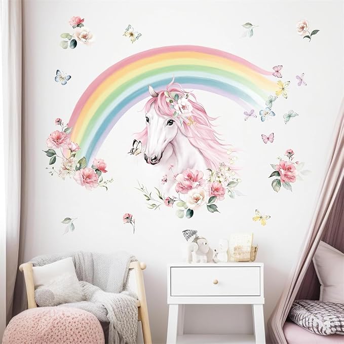 wondever Large Rainbow Wall Decals Horse Flower Wall Stickers | Peel and Stick, Removable, Wall Art Decals, Wall Decoration, Kids Room, Girls Bedroom Baby Nursery Playroom Decor - Image 3
