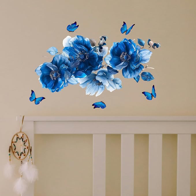 Blue Flower Wall Decals Peel and Stick Peony Floral Wall Sticker Decor Removable Peonies Bouquet Wall Murals with Butterflies for Girls Bedroom Living Room Bathroom Hallway Door Office Kids Nursery - Image 9