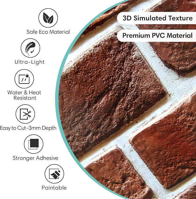 Commomy Faux Brick Wall Panels Peel and Stick Thin PVC 10 Pcs 11.8" x 11.8" | Small Size Thin PVC Quick Wall Covering Home Decor for Kitchen,Fireplace,Home Office (Covers 9.7 sq.ft) - Image 3