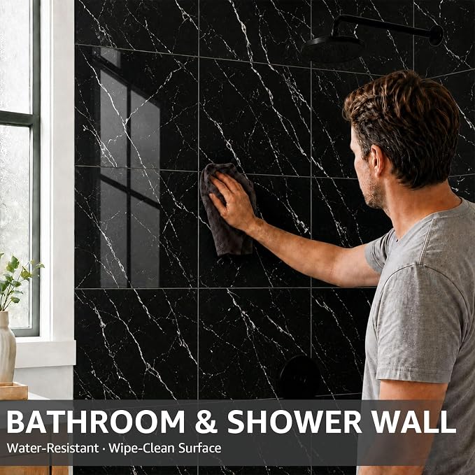 WADILE 20PC Waterproof Peel and Stick Wall Panels 11.8 x 11.8 Black | Marble look, Self adhesive, PVC Panels, Lightweight Foam Wall Panels, Bathroom, Kitchen, Not Real Tile - Image 6