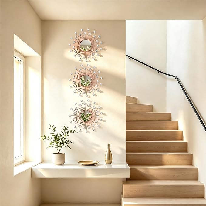 3 Pack Metal Mirrors for Wall Sunburst Wall Mirrors Home Décor Decorative Hanging Wall Art for Living Room Bedroom Entryway (Rose Gold2 Crystal, Sunburst) - Image 4