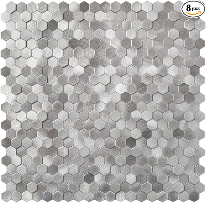 KASARO Peel and Stick Backsplash Tiles, 12" x 12" 3D Silver Hexagon Metal Mosaic Wall Panel, Self-Adhesive Waterproof Kitchen Backsplash for Bathroom, Fireplace, Living Room Decor, 8 Pack by KASARO