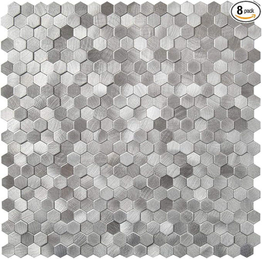 KASARO Peel and Stick Backsplash Tiles, 12" x 12" 3D Silver Hexagon Metal Mosaic Wall Panel, Self-Adhesive Waterproof Kitchen Backsplash for Bathroom, Fireplace, Living Room Decor, 8 Pack by KASARO