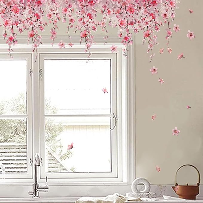 Cherry Blossom Flower Vine Wall Decal Peel and Stick Removable Floral Wall Art for Girls Bedroom Nursery Living Room Decor with Hanging Vines Blossoms - Image 2