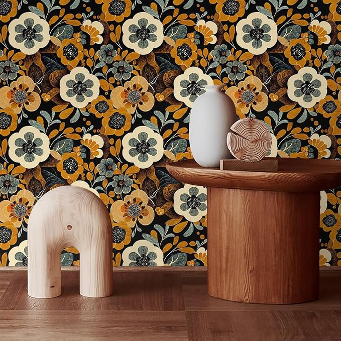 MuralPeel Boho Vintage Floral Orange Yellow Brown Flowers in Black Peel and Stick Wallpaper Self Adhesive Removable Easy Peel Off Contact Paper Stick on Wall Paper for Bedroom Cabinet Renter - Image 3