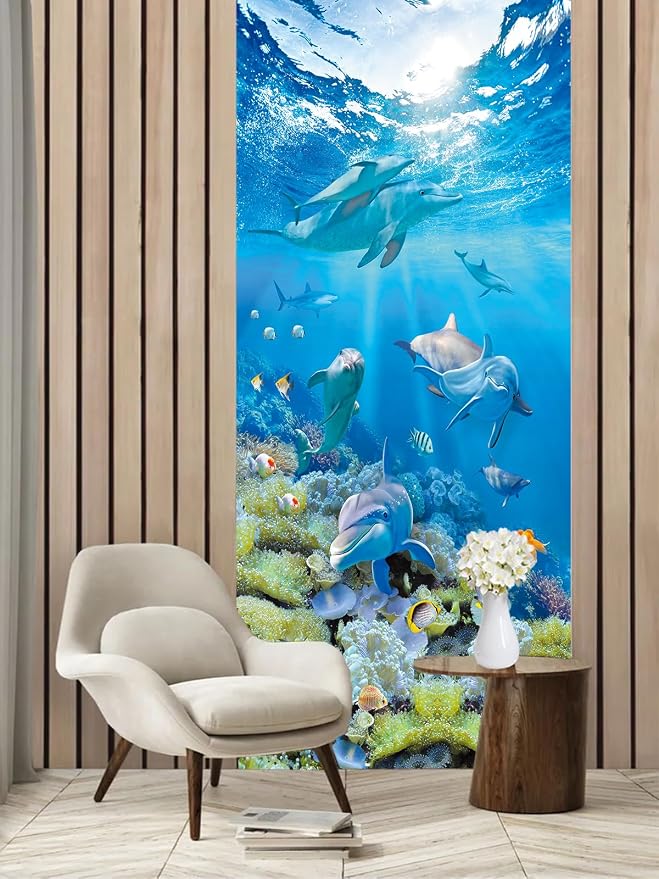artfanke 3D Peel and Stick Door Sticker 30.3"x78.7"- Self-Adhesive Door Murals Wallpaper-Blue Ocean Dolphins Wall Poster Decal for Home Decor (2 Sheets/Set) - Image 2