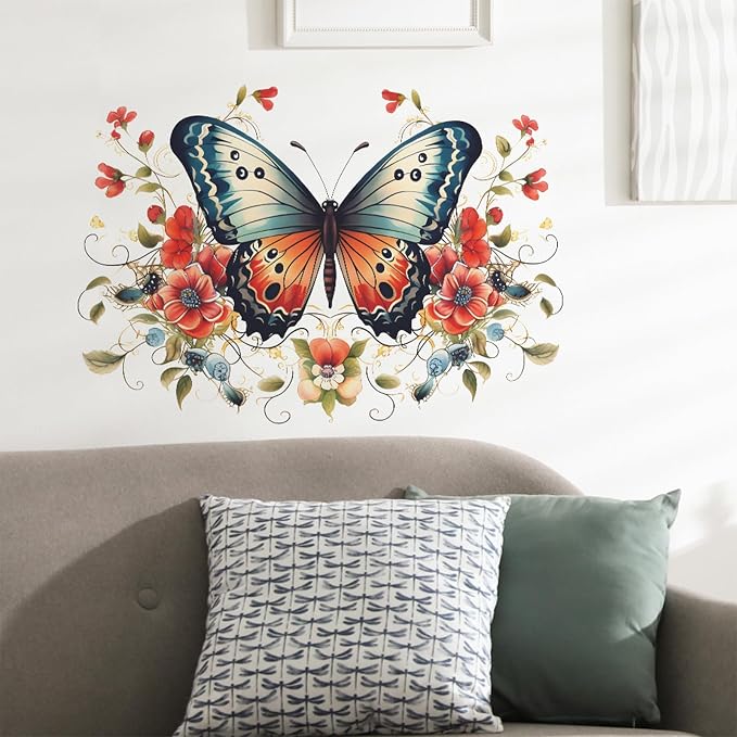 TUOKING Butterfly Red Flowers Wall Stickers Removable Wall Murals | Peel and Stick Wall Art Decal Home Decor for Kitchen,Bedroom,Living Room(fun-e34) - Image 4