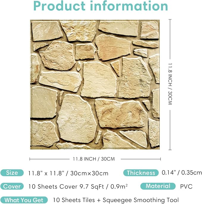 Commomy 3D Faux Stone Wall Panels Peel and Stick 10 Pcs 11.8" x 11.8" | Ultralight Thin PVC Fake Rock Wallpaper DIY Wall Covering Decorative Tiles for Kitchen Backsplash,Bedroom (Covers 9.7 sq.ft) - Image 6