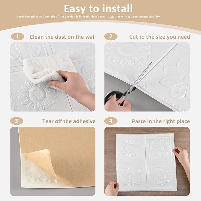 Nuanchu 80 Pcs 13.8 x 13.8 Inch Ceiling Tiles Peel and Stick, Fresh | Foam White 3D Wall Panels 26-105.5 Sq. ft Adhesive Glue up Waterproof Wallpaper for DIY Office Home - Image 3