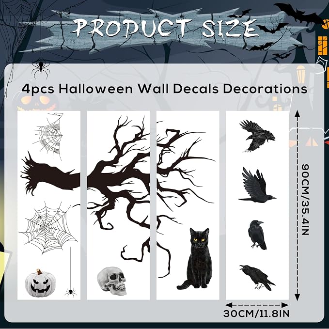 Wxiben Halloween Wall Decals Decor, 4 Pcs Halloween Wall Stickers | Skull Black Cat Tree Crow Removable Murals, Peel and Stick Decal for Home Decor Halloween Party Supplies - Image 2