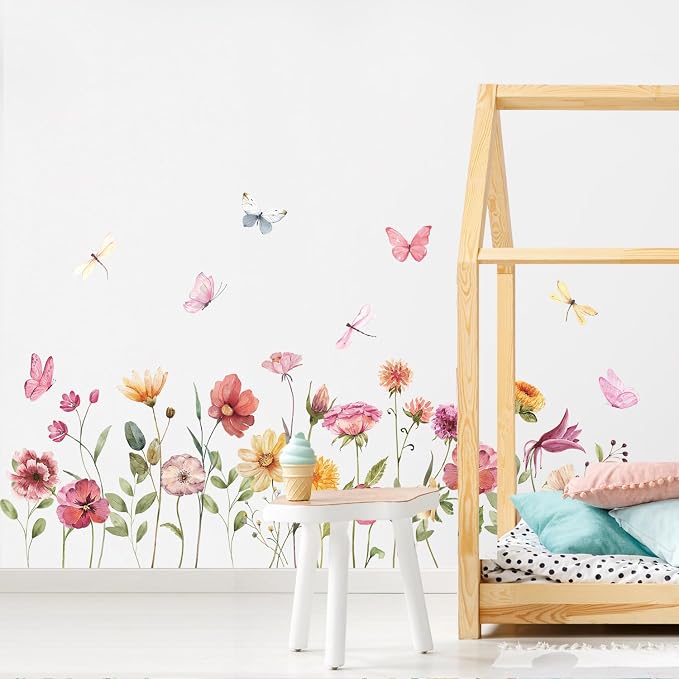 Watercolor Garden Flower Wall Decals, Peel and Stick Creative Colorful Butterfly Floral Wall Stickers, Multicolor Wildflower Wall Decor for Girls Room Nursery Bedroom Window - Image 4