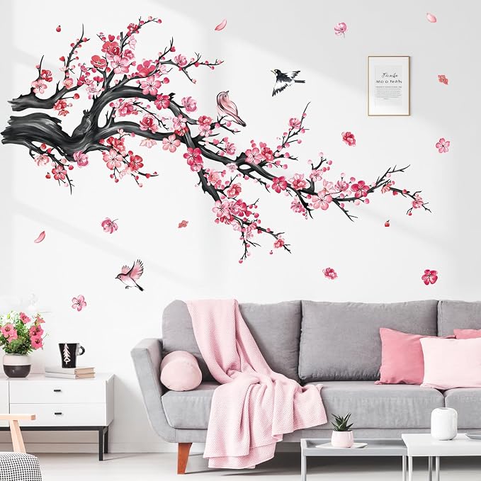 decalmile Pink Flower Branch Blossom Floral Tree Wall Decals Stickers - Image 4