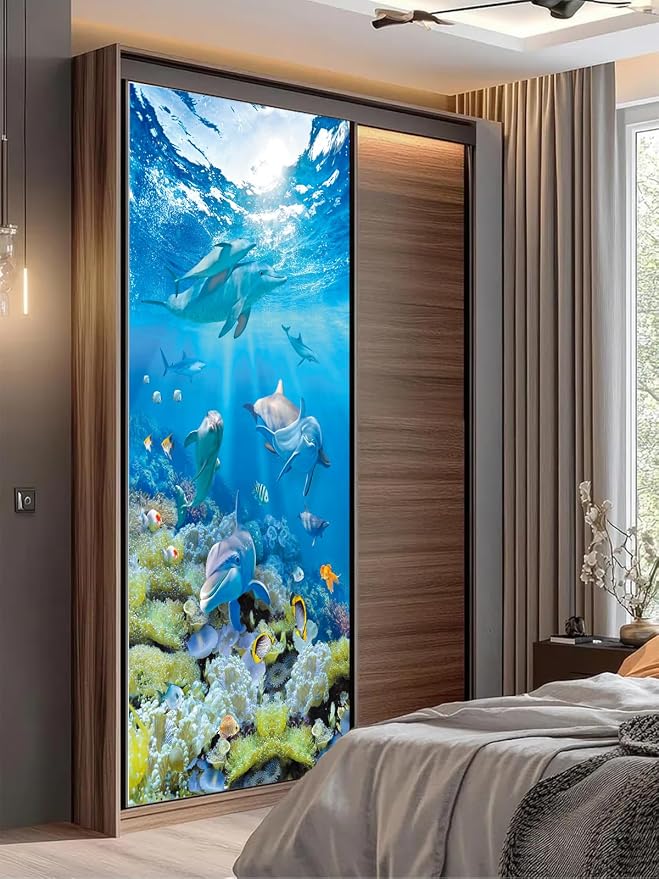 artfanke 3D Peel and Stick Door Sticker 33.5"x84.6"- Self-Adhesive Door Murals Wallpaper-Blue Ocean Dolphins Wall Poster Decal for Home Decor (2 Sheets/Set) - Image 4